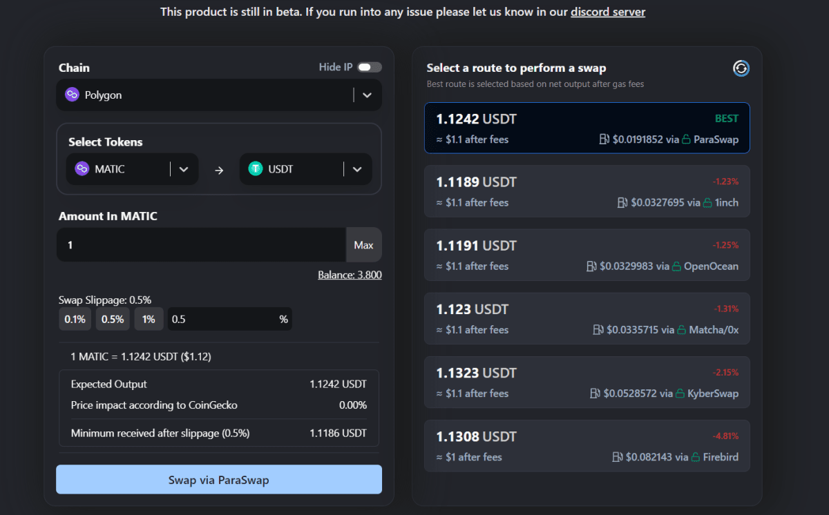 Страница DEX-биржи платформы DefiLlama