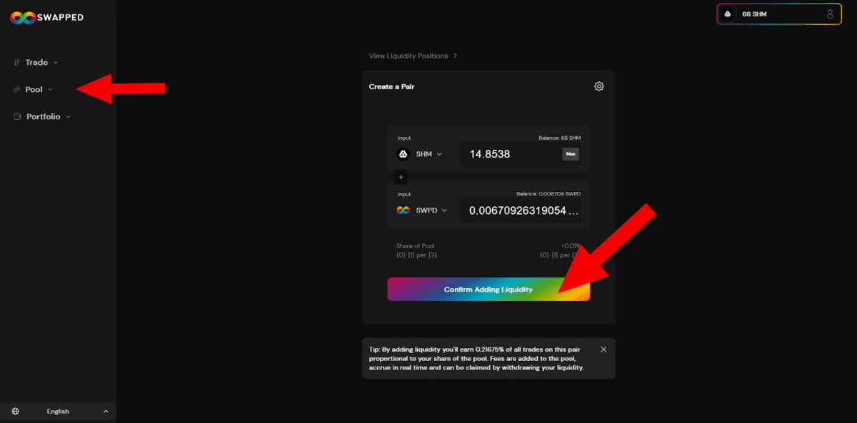 Adding liquidity on Swapped Source: swapped.finance