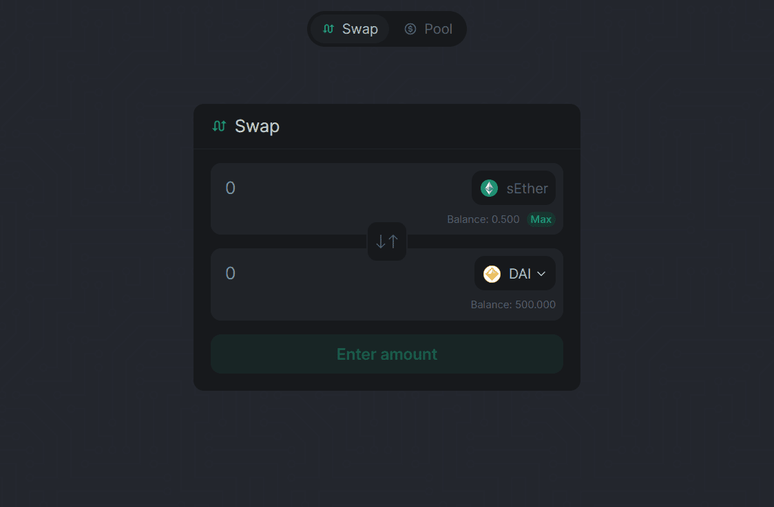 Интерфейс децентрализованной биржи Swayswap 