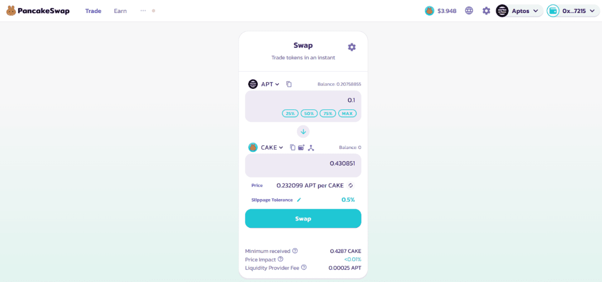 Token exchange feature on Pancake Swap in the Aptos network
