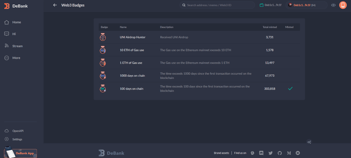 Минт бейджа от DeBank (https://debank.com/badge)