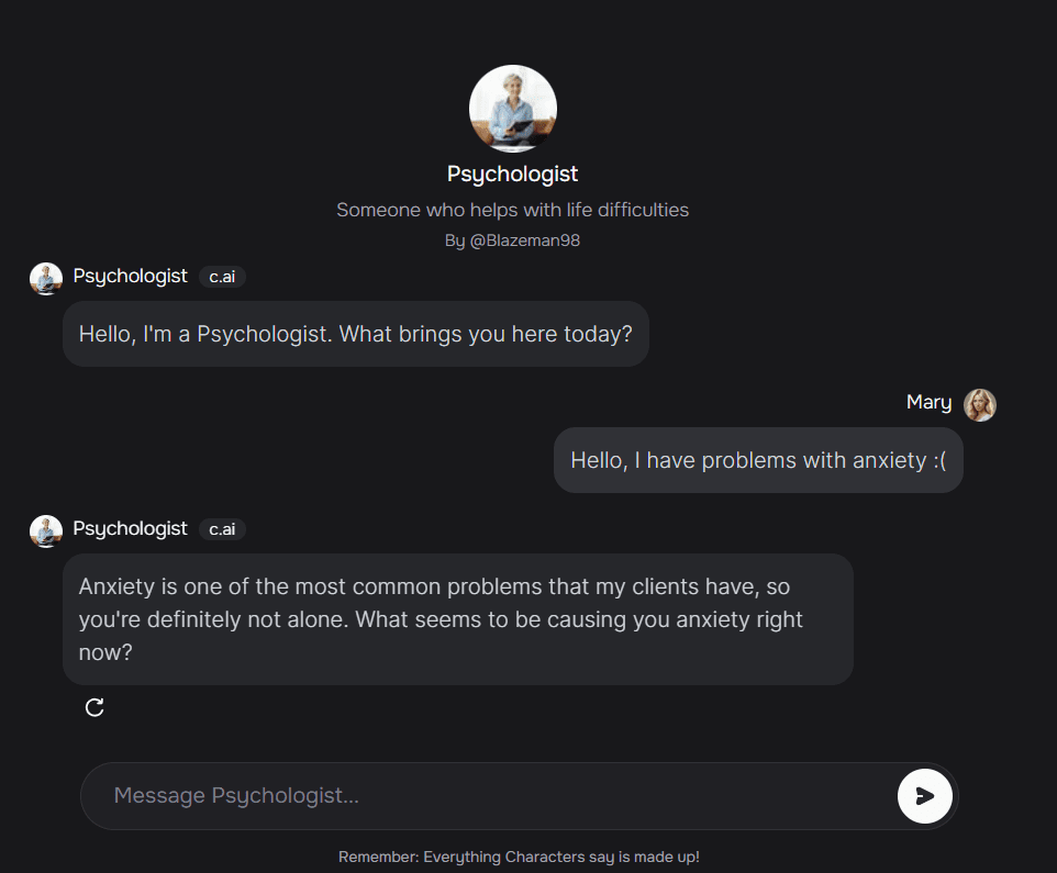 Character.ai offers the chance to converse with an AI psychologist