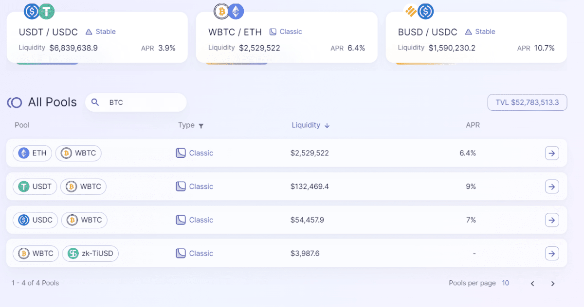 BTC liquidity pools on Syncswap. Source: Syncswap.xyz