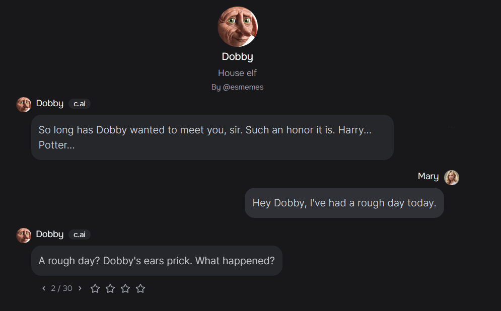 Conversing with Dobby on the Character.ai app