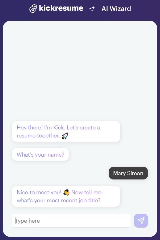Начало работы с Kickresume похоже на переписку в мессенджере