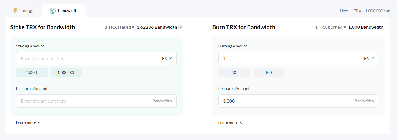 Resource Calculator Interface. Source: tronscan.org