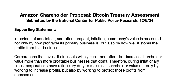 Proposal for Amazon to Add Bitcoin to Its Reserves. Source: National Center for Public Policy Research