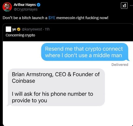  Артур Хейс (@CryptoHayes) закликає до запуску мемкоїна $YE. Джерело: x.com 