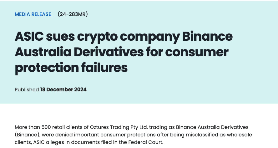 ASIC sues Binance over consumer protection violations. Source: asic.gov