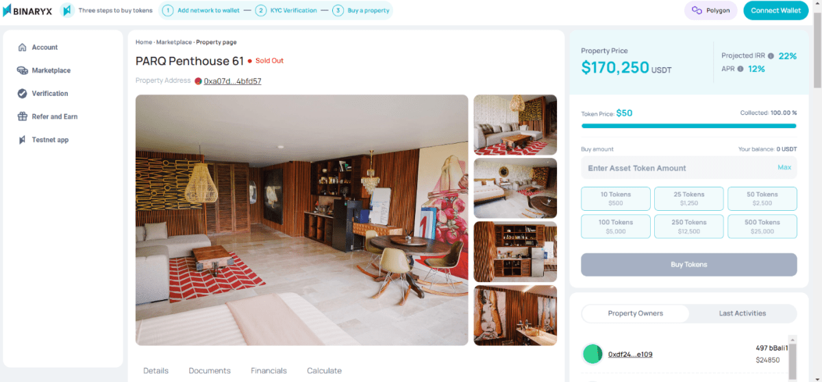 Продажа дома через NFT-фрагменты (app.binaryx.com)