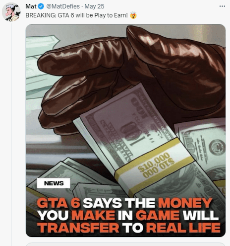 Слухи о том, что GTA 6 получит функционал P2E, облетели соцсети. Источник: Twitter