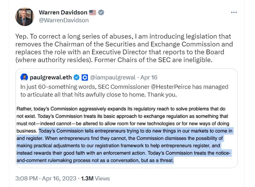 Tweet by Warren Davidson Source: