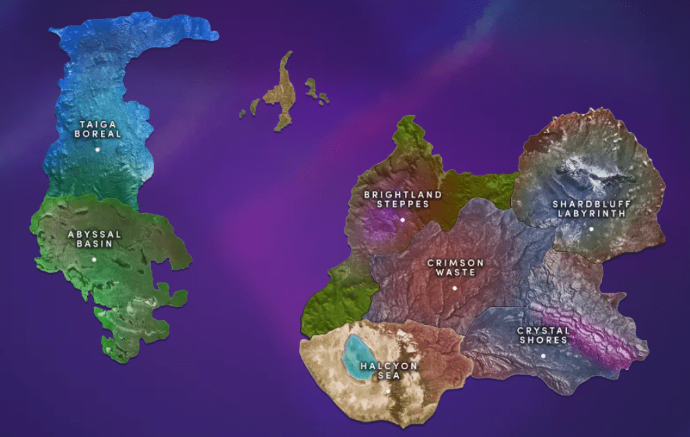 The illustration depicts the regions of the planet Illuvium. Source — illuvium.io