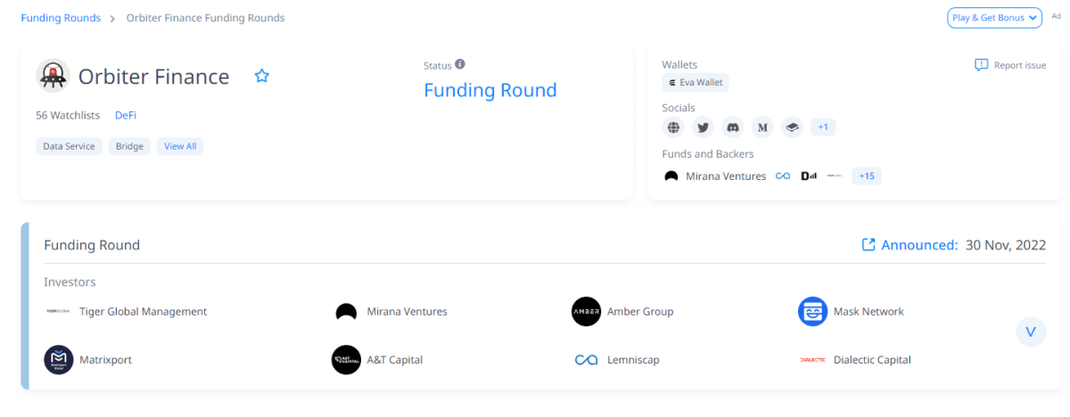 The backers of the project, according to Orbiter.Finance