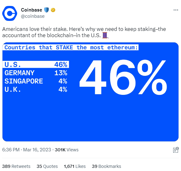Coinbase агитирует за стейкинг Источник: Twitter компании