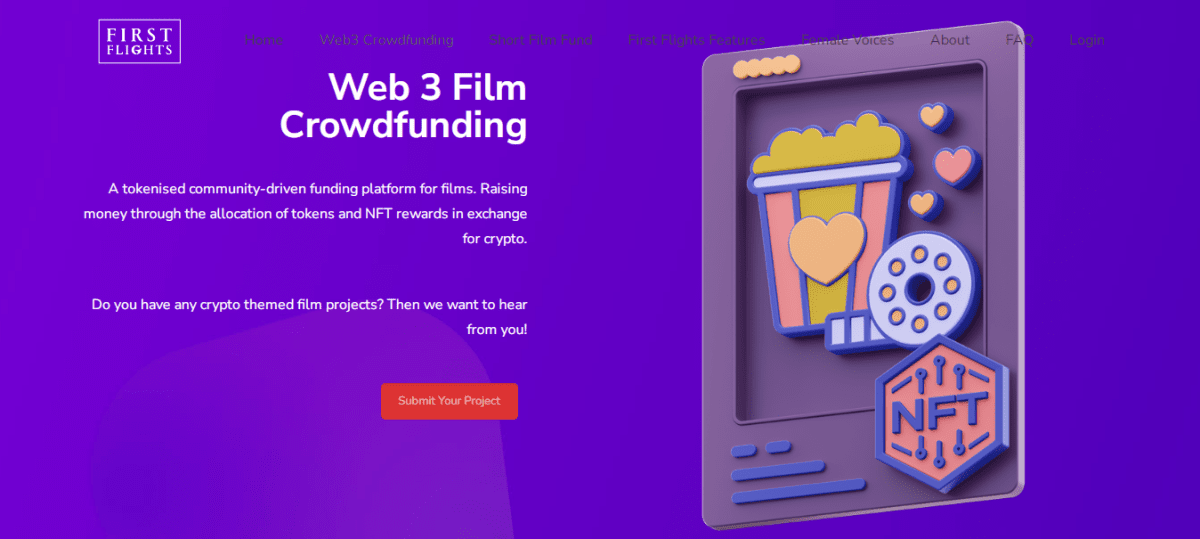 Web3 crowdfunding platform FF3 funds film projects. Source: first-flights.com