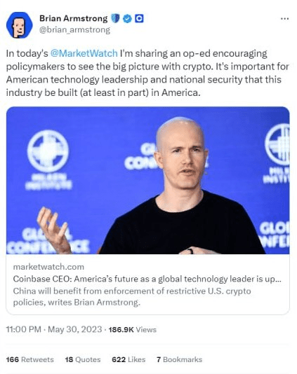 Армстронг продовжує лобіювати ухвалення криптозаконодавства Джерело: Twitter