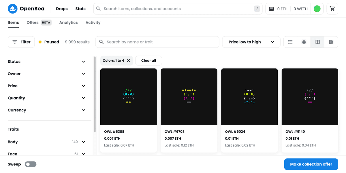 Owls NFT on the OpenSea marketplace. Source: Official OpenSea website