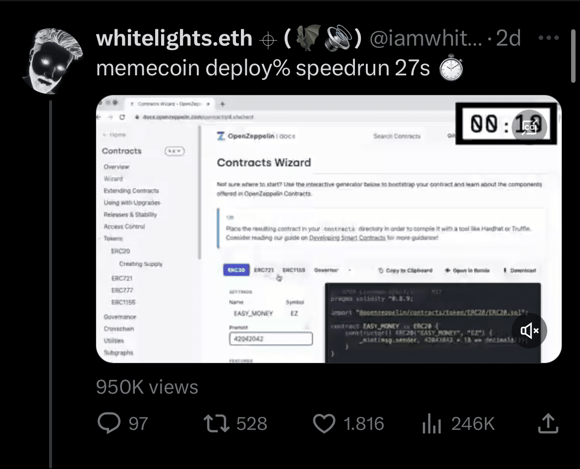 Создание мемкоина Whitelights.eth за 27 секунд  Источник: Twitter