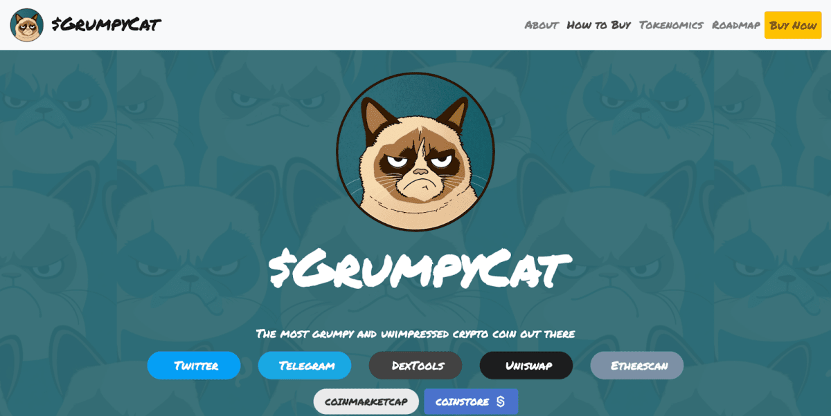 The main page of the Grumpy Cat token website. Source: The official Grumpy Cat token website.