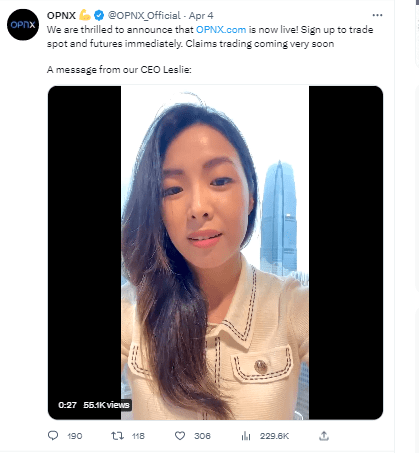 Гeнepaльный диpeктop OPNX Лecли Лэмб обратилась к пользователем биржи Источник: Twitter OPNX