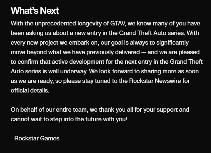 Активная разработка GTA 6 идет полным ходом. Источник: официальный блог Rockstar
