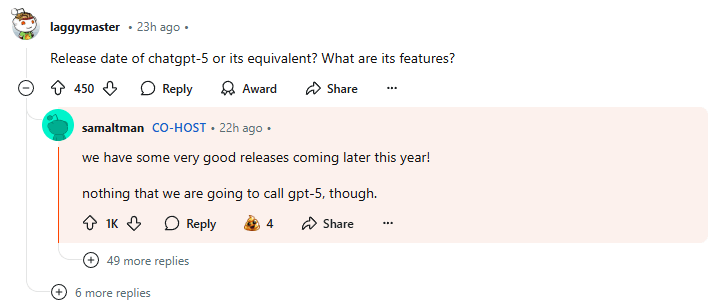 While there are a few notable releases scheduled for this year, GPT-5 is not one of them. Source: reddit.com