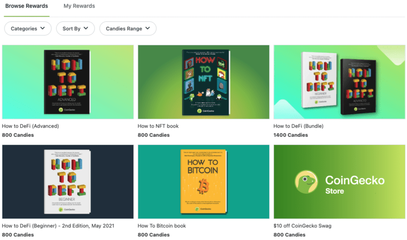 CoinGecko users can exchange candy rewards for books. Source: coingecko.com