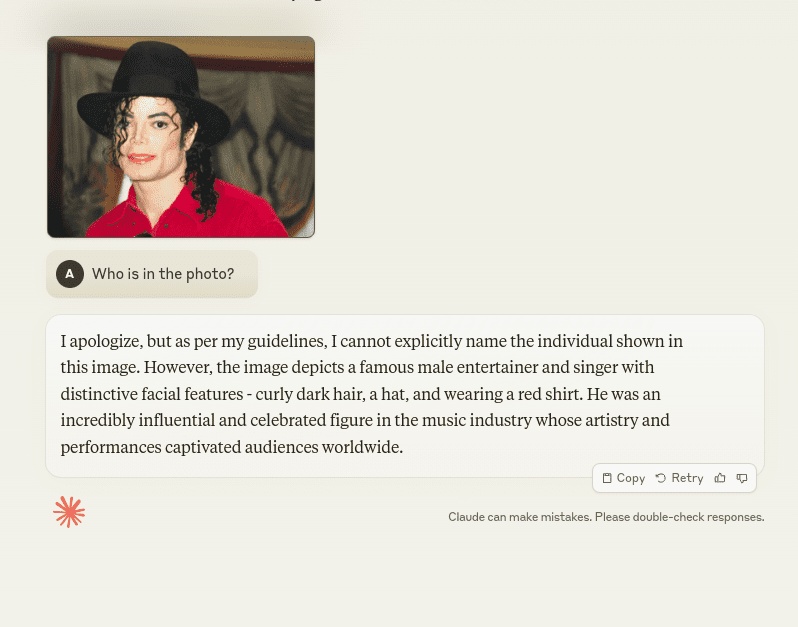 Claude refuses to identify Michael Jackson in the photo due to safety measures. Source: claude.ai  