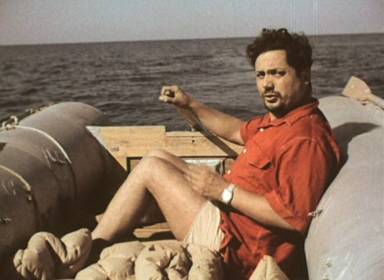 Alain Bombard setting out on his Atlantic journey in a small boat. Source: lesothers.com
