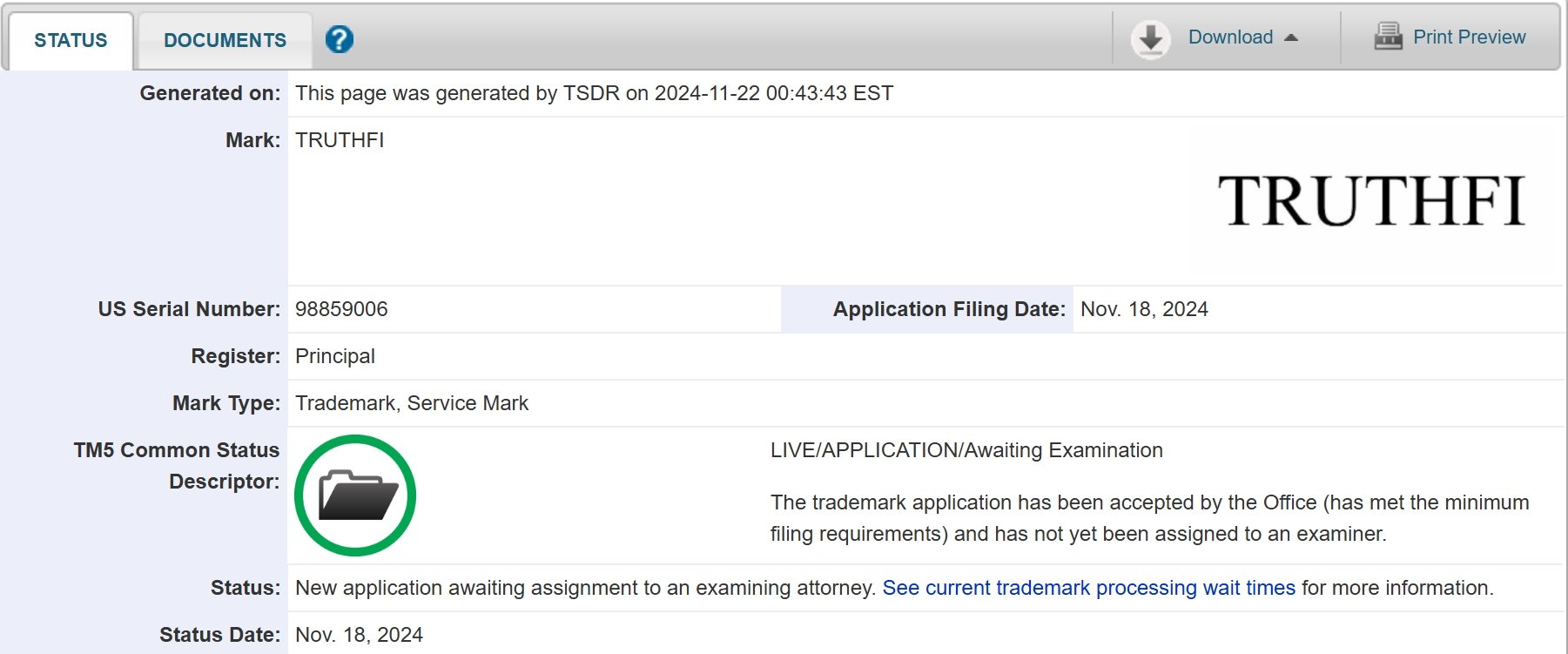 Trademark Application for TruthFi. Source: Х