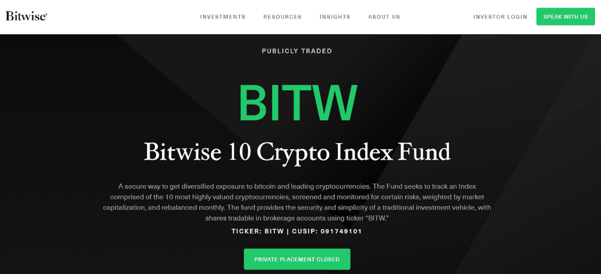 Страница с информацией о Bitwise 10 Crypto Index Fund на сайте Bitwise