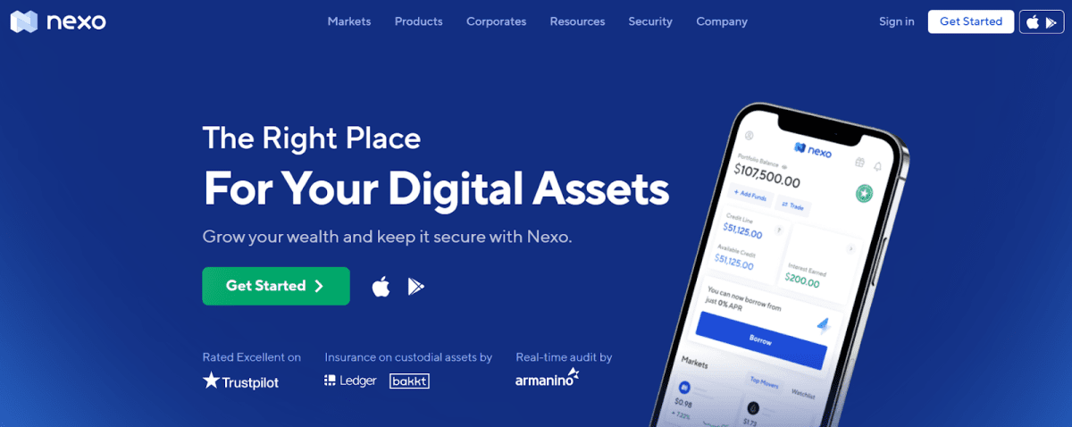 Главная страница сайта Nexo