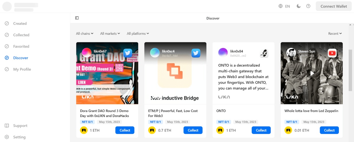LIKN application for NFT publications and browsing