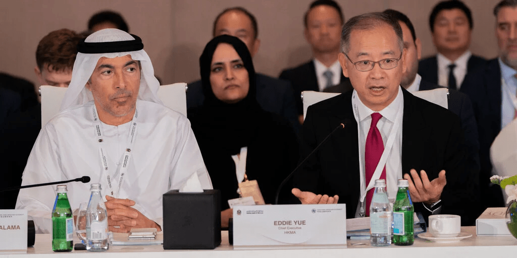 Pictured at a meeting in Abu Dhabi were Eddie Yue, Chief Executive of the Hong Kong Central Bank, and Khalid Mohammed Balama, Head of the Central Bank of the UAE.  Source - Hong Kong Monetary Authority.