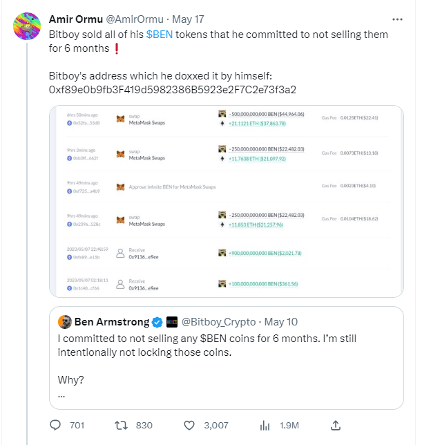 Твит расследователя о том, что BitBoy Crypto продал токены BEN Источник: witter.com/AmirOrmu