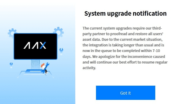 Сообщение от биржи на веб-сайте