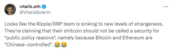 Твит Бутерина о XRP. Источник: Twitter