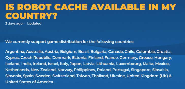 Перелік країн, де працює Robot Cache. Джерело: help.robotcache.com