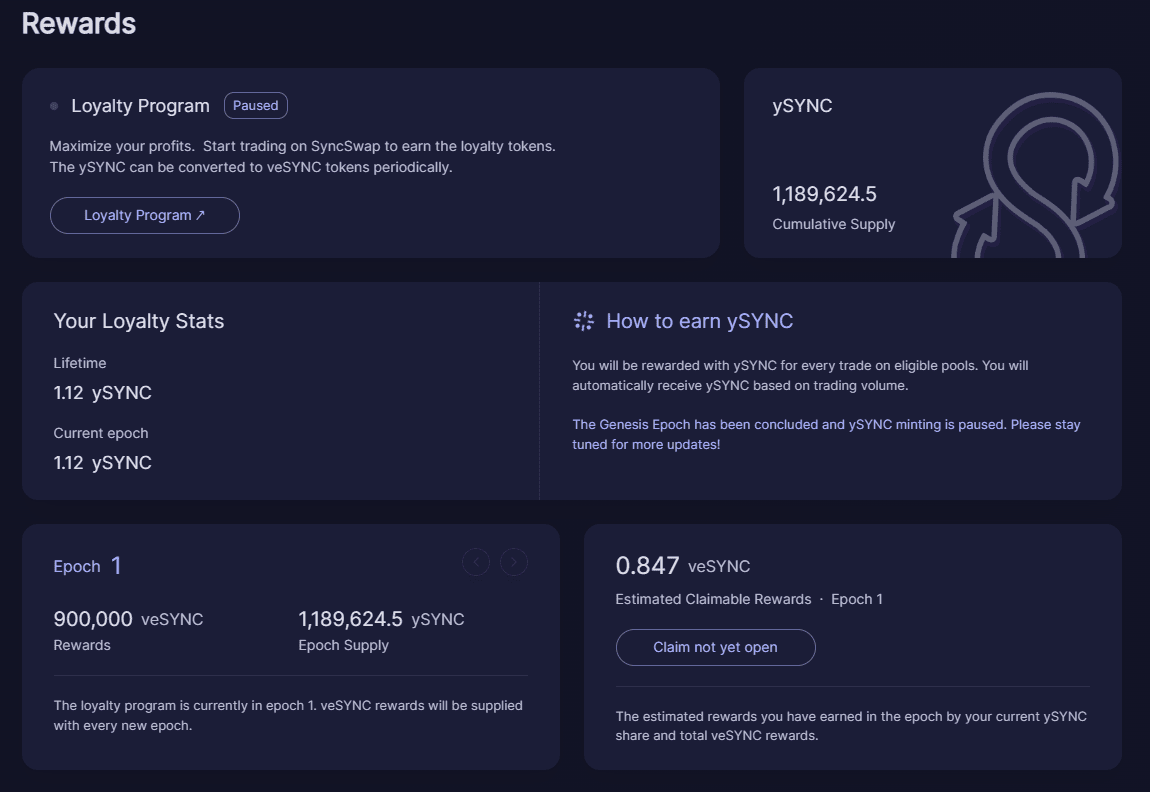 Раздел Rewards на DEX SyncSwap. Источник: Syncswap