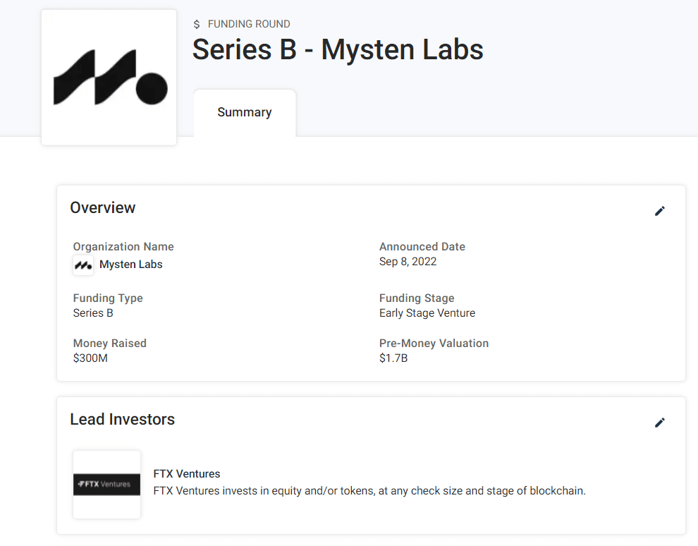SUI Series B funding round (Crunchbase)