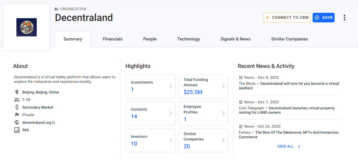 Decentraland fund rounds details (Crunchbase)