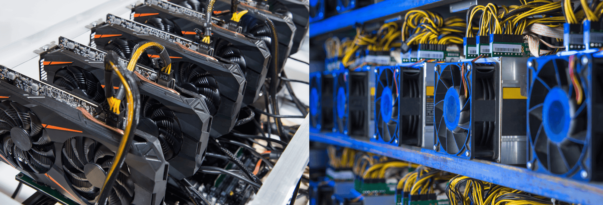 Pictured: Mining GPUs and ASICs. Source: https://www.cudominer.com/