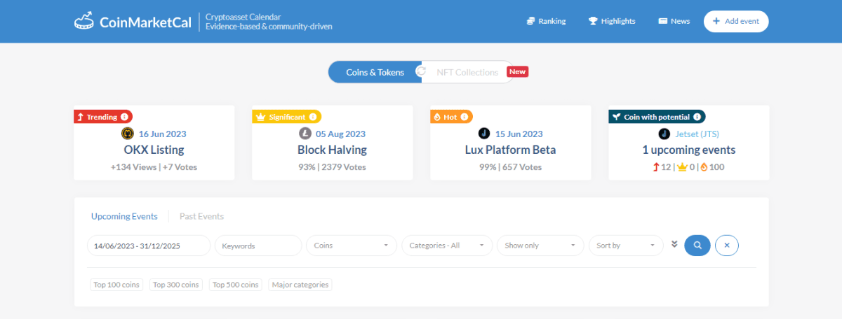 Календарь от CoinMarketCal. Источник: coinmarketcal.com