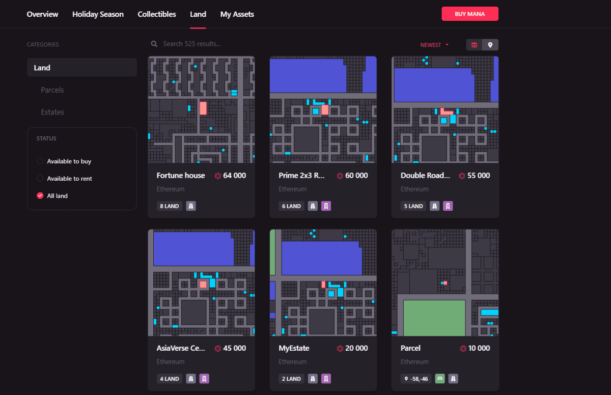 Lands for sale in the Decentraland metaverse