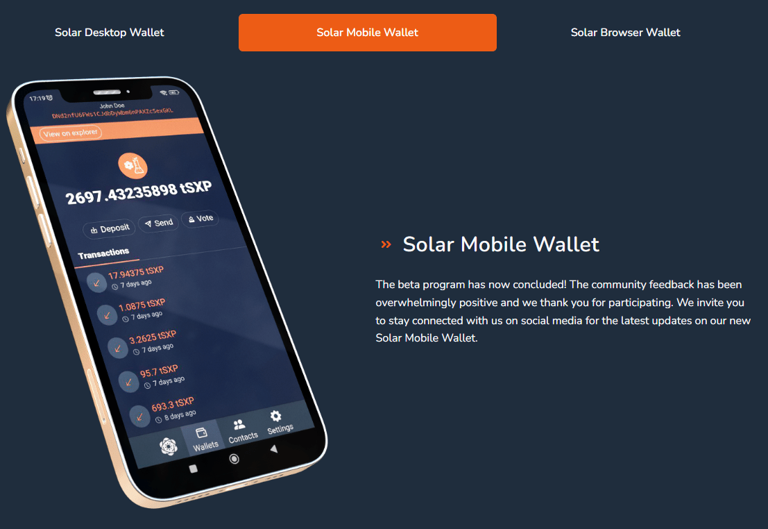 The SXP Cryptocurrency Wallet Interface. Source: solar.org
