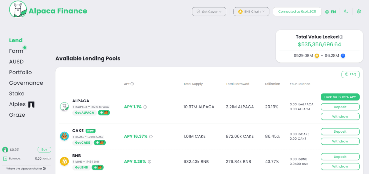 Alpaca Finance landing page