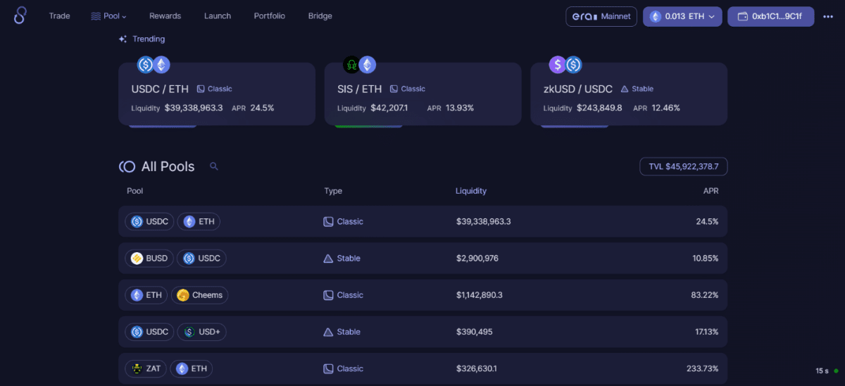 Раздел Pool на DEX SyncSwap. Источник: Syncswap