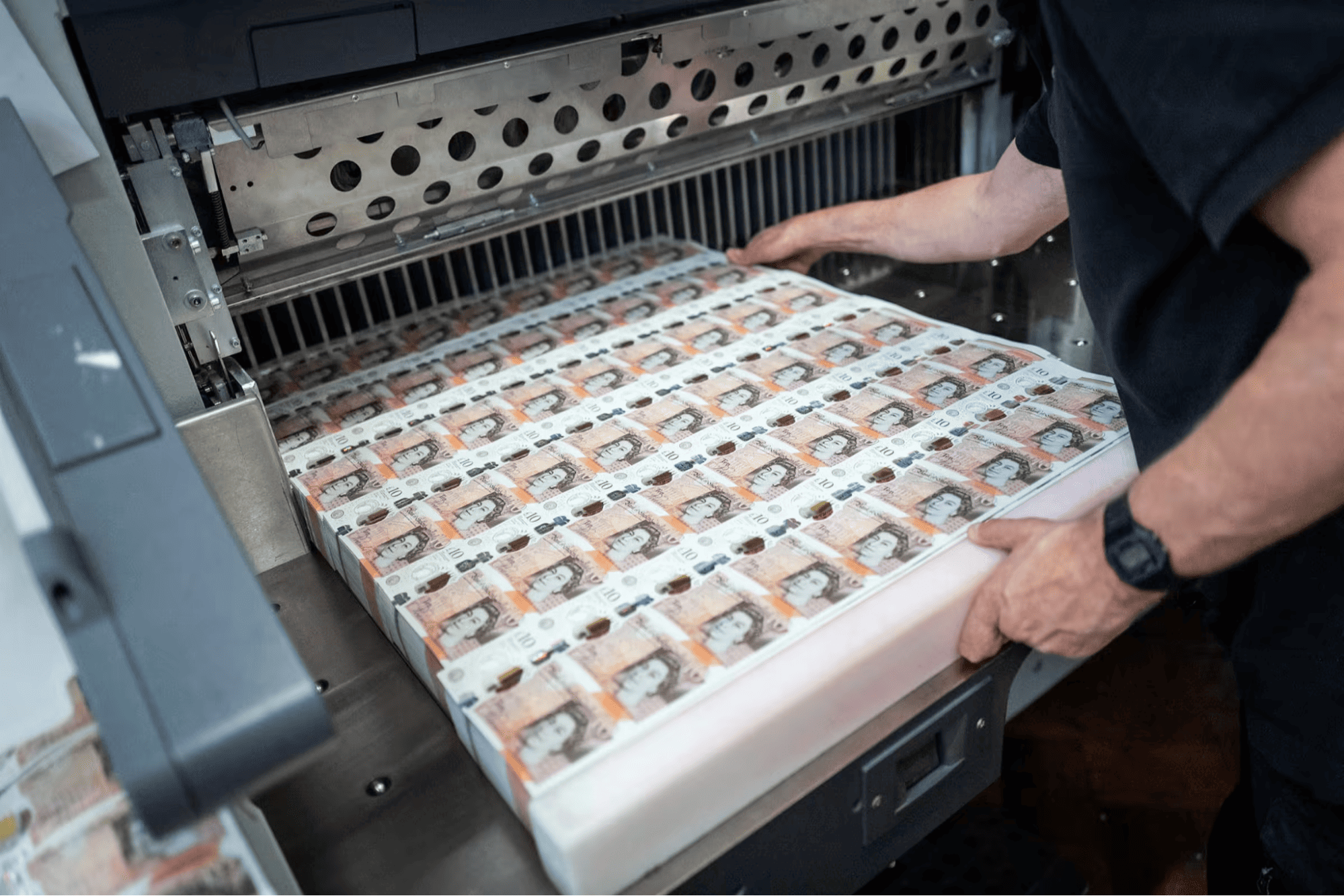 Printing of £10 sterling banknotes in England. Source: https://www.ft.com/