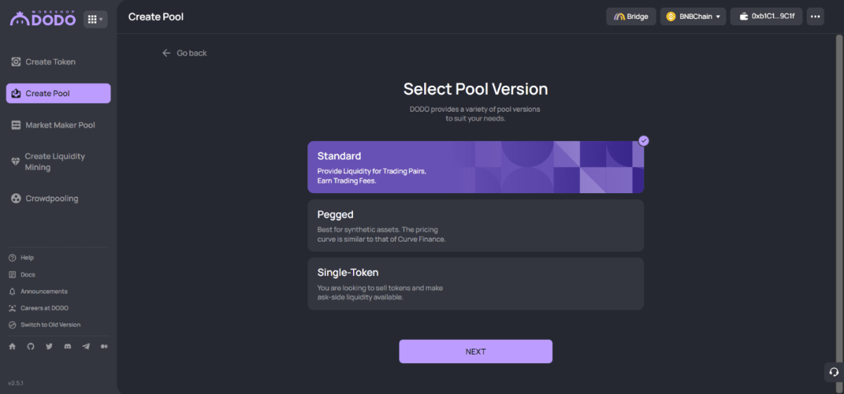 Раздел создания пулов ликвидности на Dodo